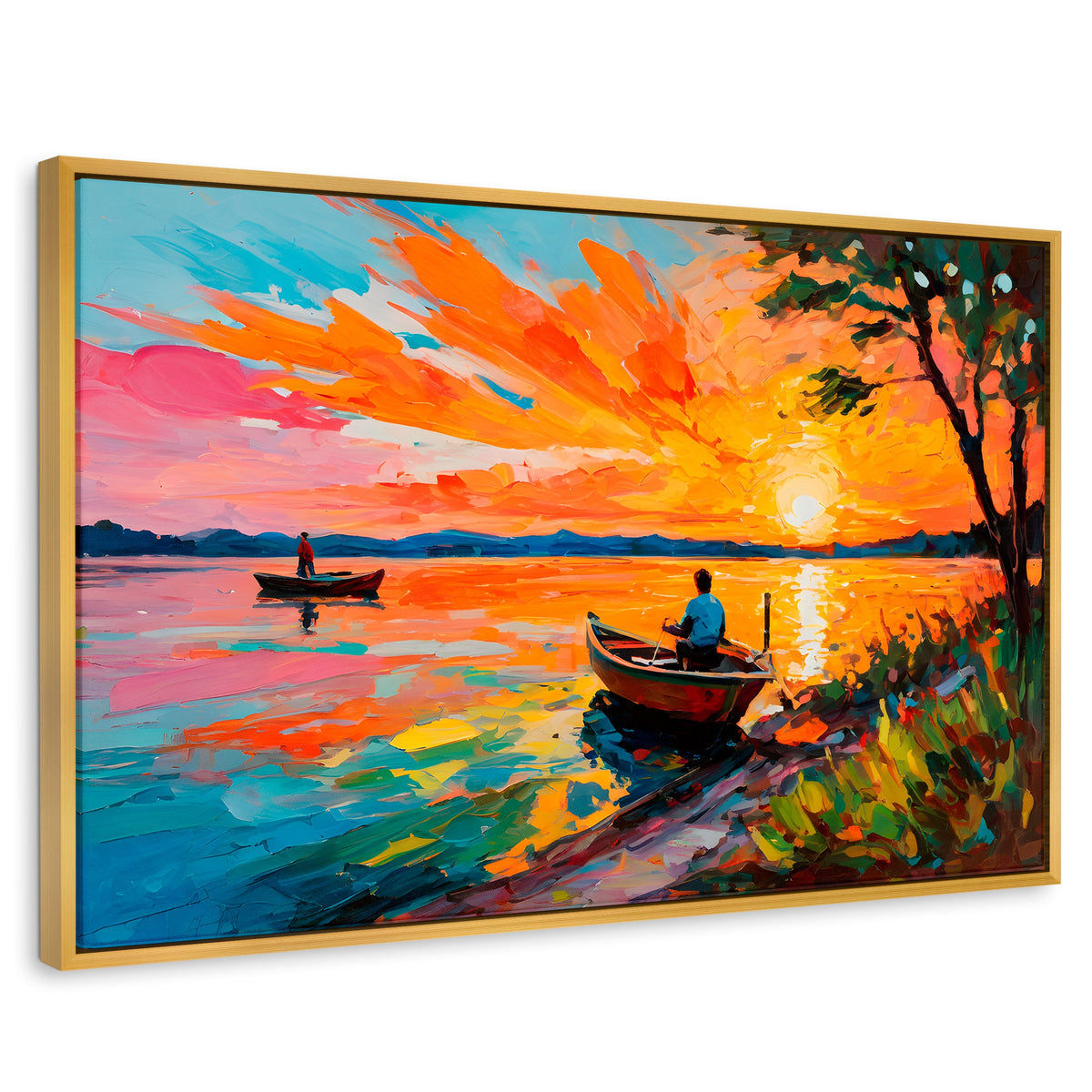 Cuadros Decorativos Canvas Revolution | Atardecer Lago | Rectangular | Portada | Marco Dorado