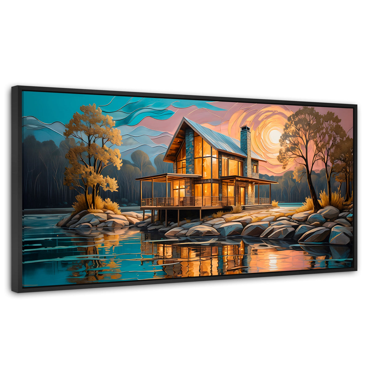 Cuadros Decorativos Canvas Revolution | Cabana Junto Lago | Panoramico | Portada | Marco Plateado