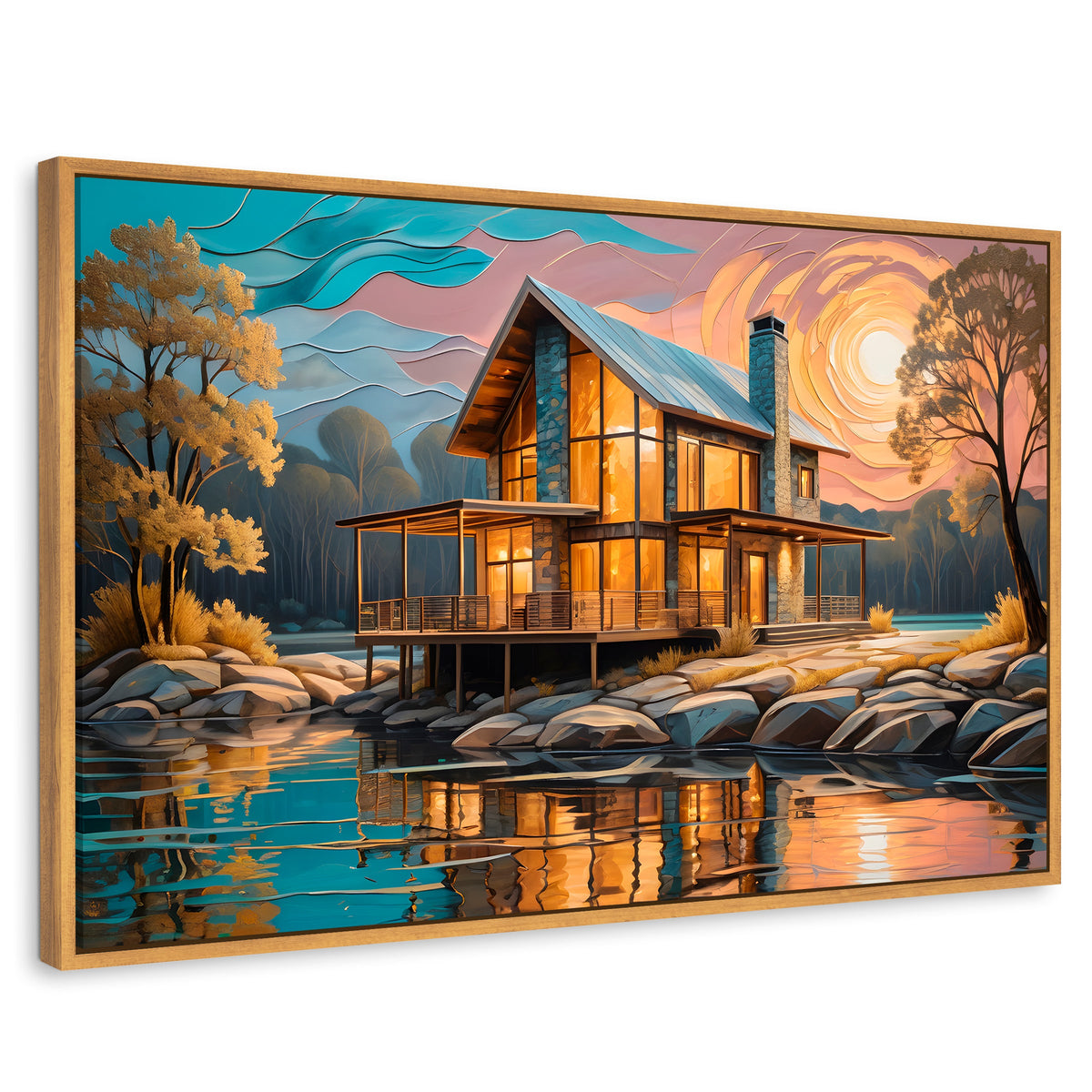 Cuadros Decorativos Canvas Revolution | Cabana Junto Lago | Rectangular | Portada | Marco Madera