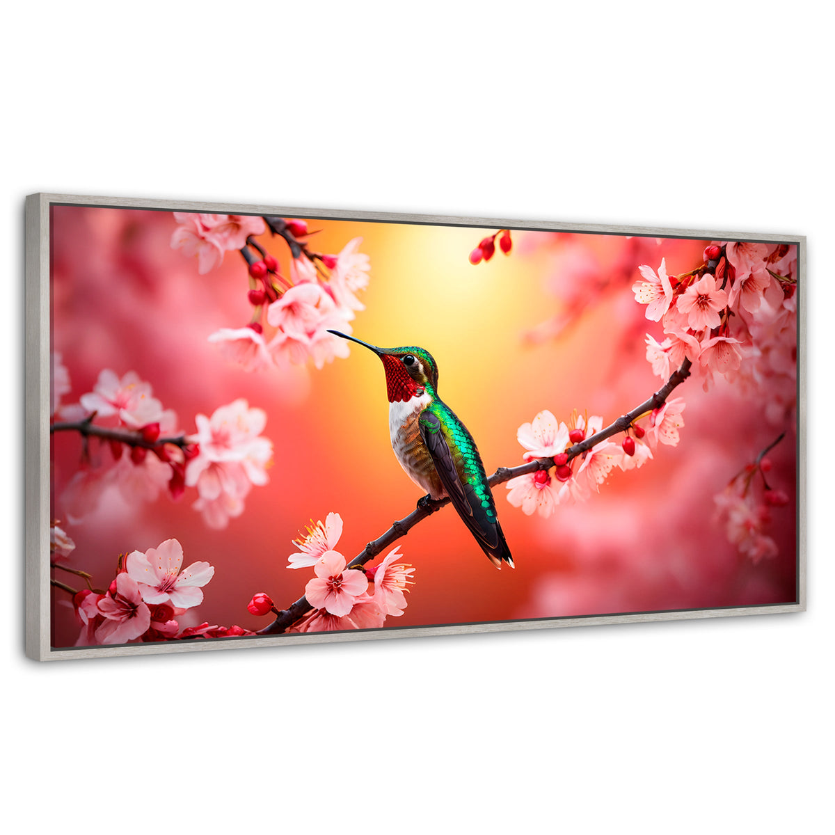 Cuadros Decorativos Canvas Revolution | Colibri En Cerezo | Panoramico | Portada | Marco Blanco