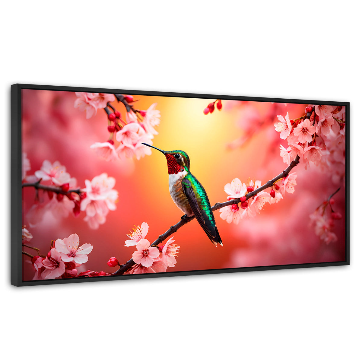 Cuadros Decorativos Canvas Revolution | Colibri En Cerezo | Panoramico | Portada | Marco Plateado