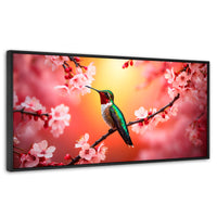 Cuadros Decorativos Canvas Revolution | Colibri En Cerezo | Panoramico | Portada | Marco Plateado