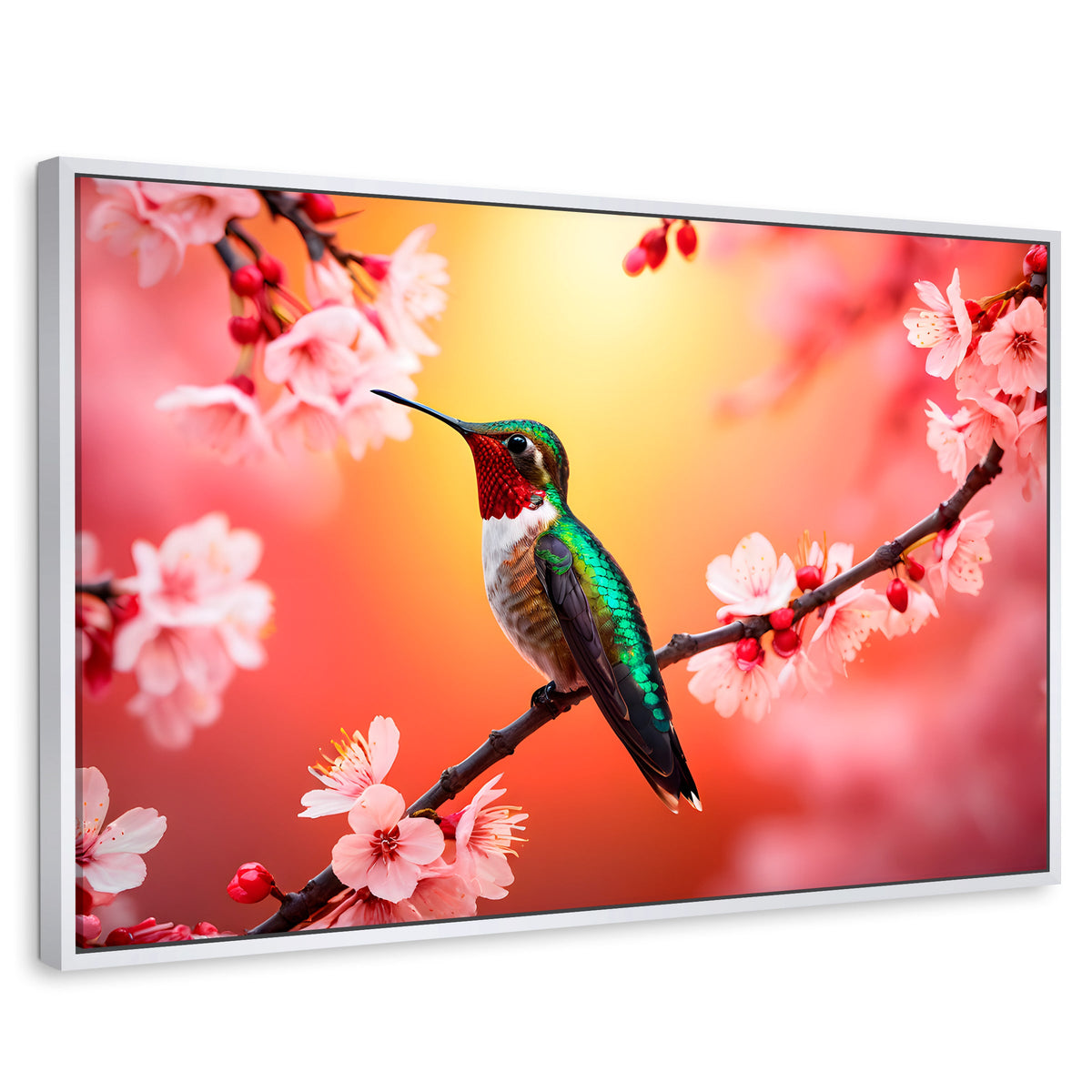 Cuadros Decorativos Canvas Revolution | Colibri En Cerezo | Rectangular | Portada | Marco Blanco