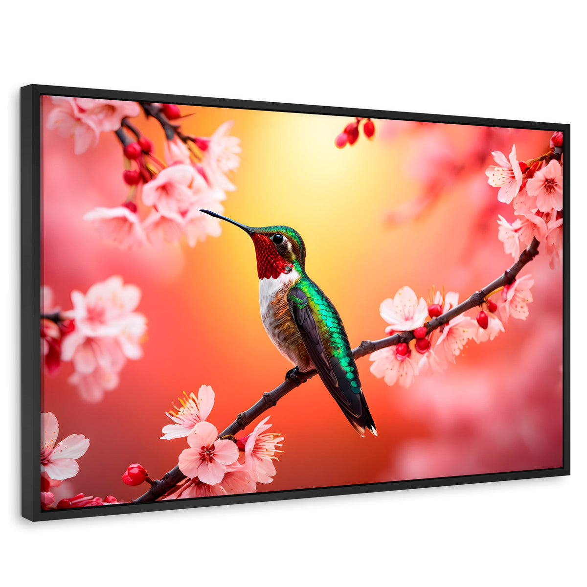 Cuadros Decorativos Canvas Revolution | Colibri En Cerezo | Rectangular | Portada | Marco Negro