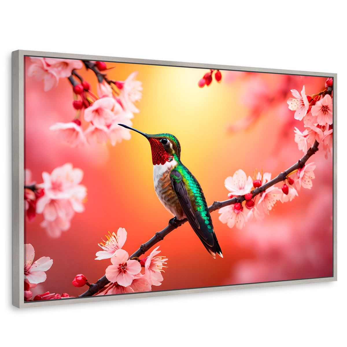 Cuadros Decorativos Canvas Revolution | Colibri En Cerezo | Rectangular | Portada | Marco Plateado