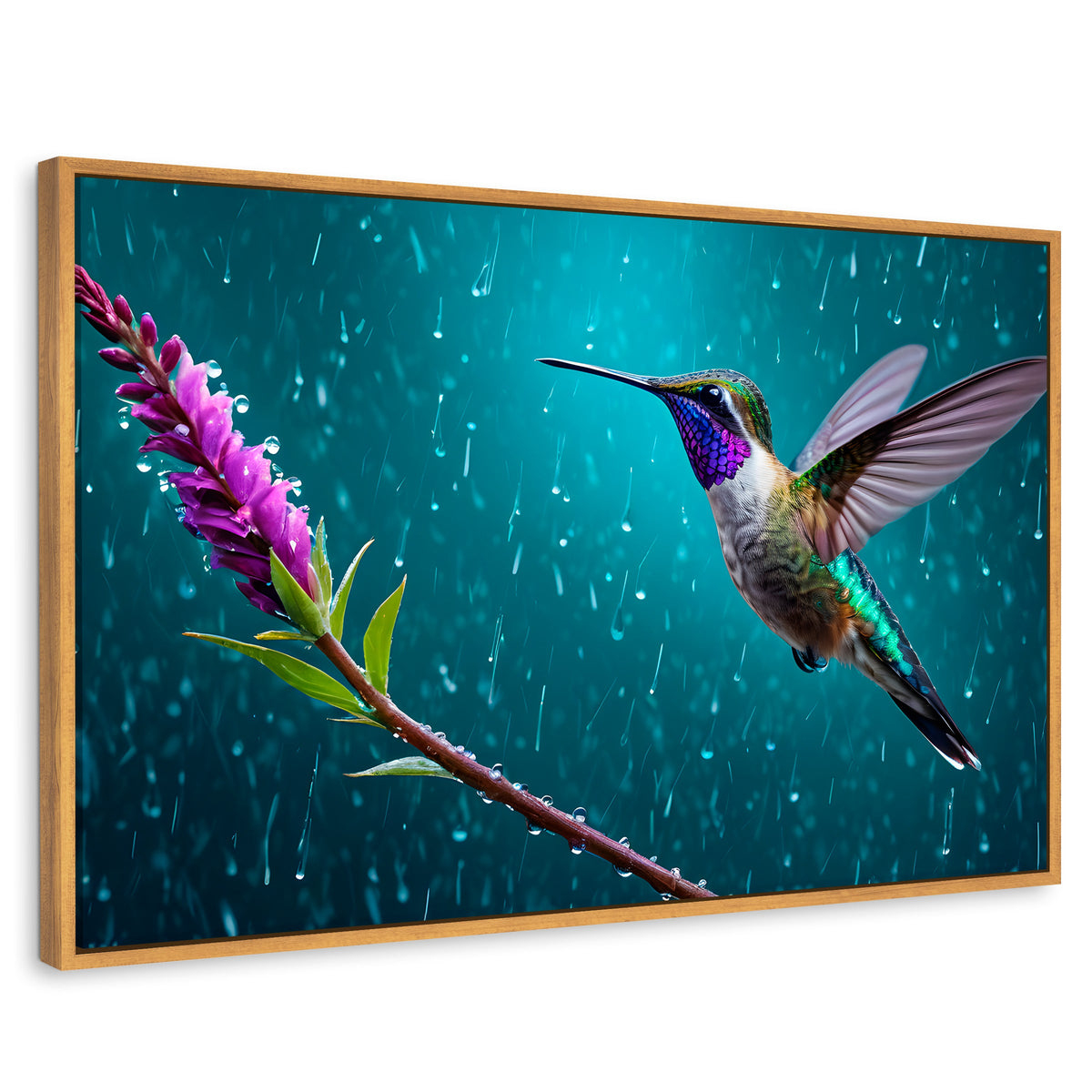 Cuadros Decorativos Canvas Revolution | Colibri Flor Lluvia | Rectangular | Portada | Marco Madera