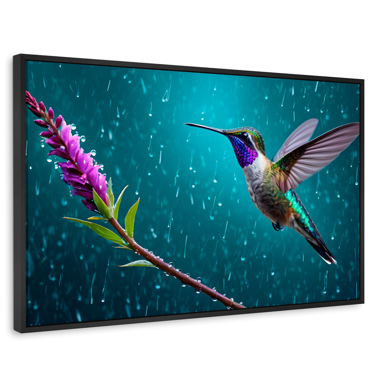 Cuadros Decorativos Canvas Revolution | Colibri Flor Lluvia | Rectangular | Portada | Marco Negro