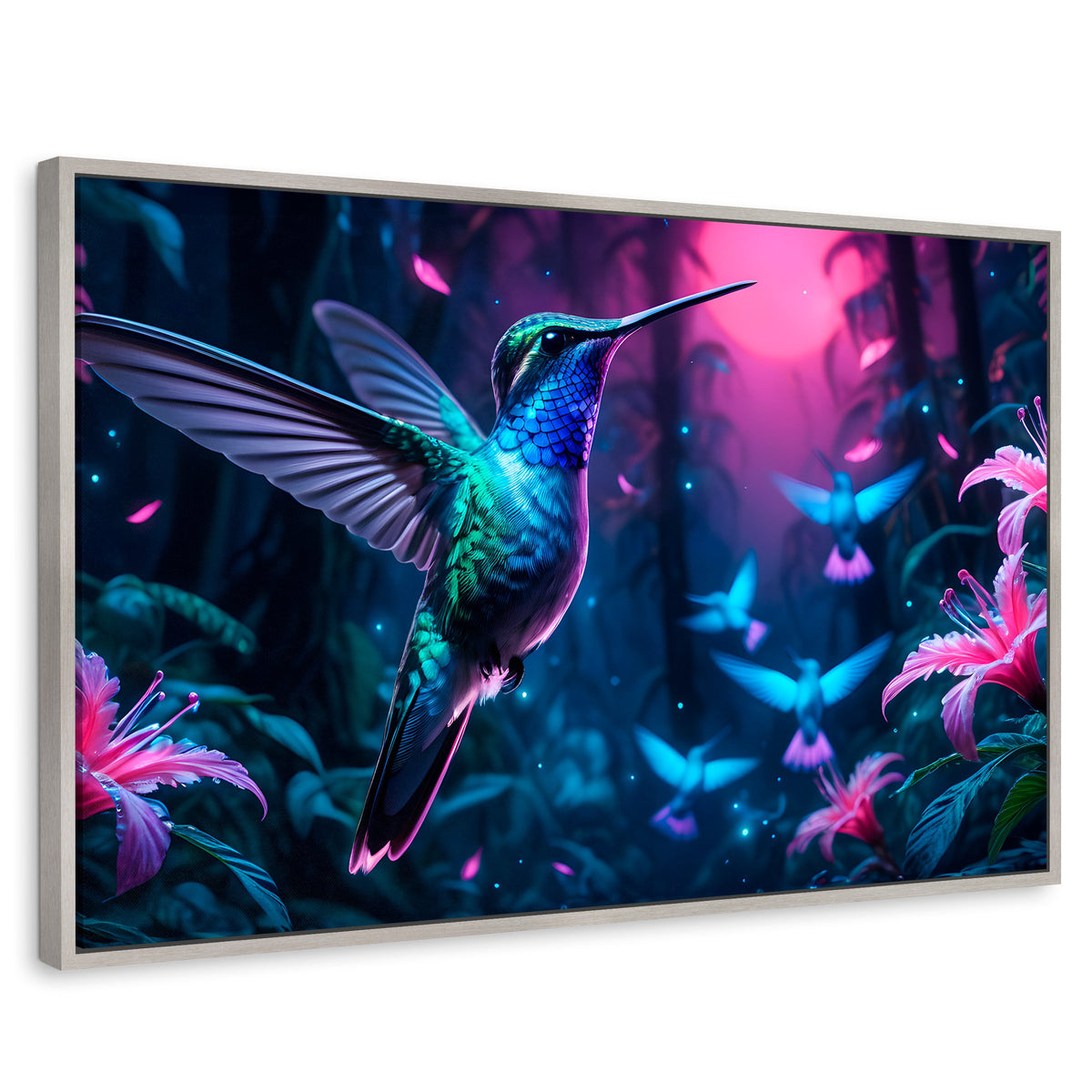 Cuadros Decorativos Canvas Revolution | Colibri Fluoresente | Rectangular | Portada | Marco Plateado