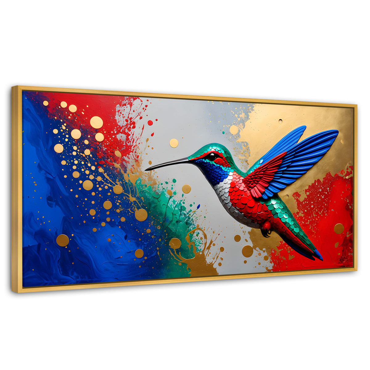 Cuadros Decorativos Canvas Revolution | Colibri Rocio Oro | Panoramico | Portada | Marco Madera