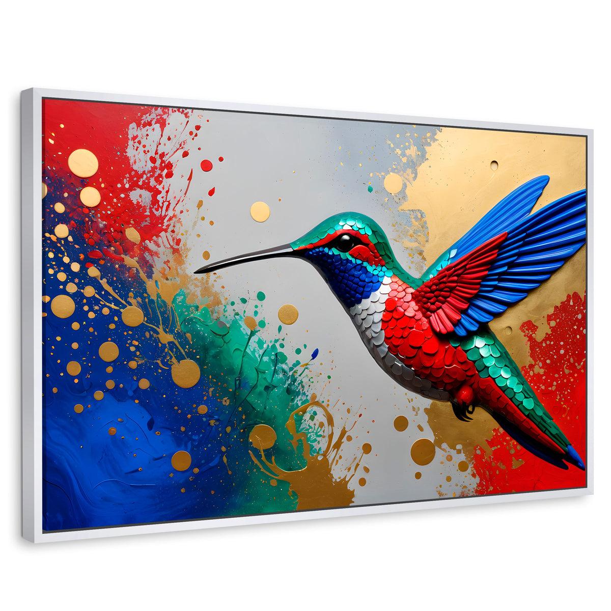 Cuadros Decorativos Canvas Revolution | Colibri Rocio Oro | Rectangular | Portada | Marco Blanco