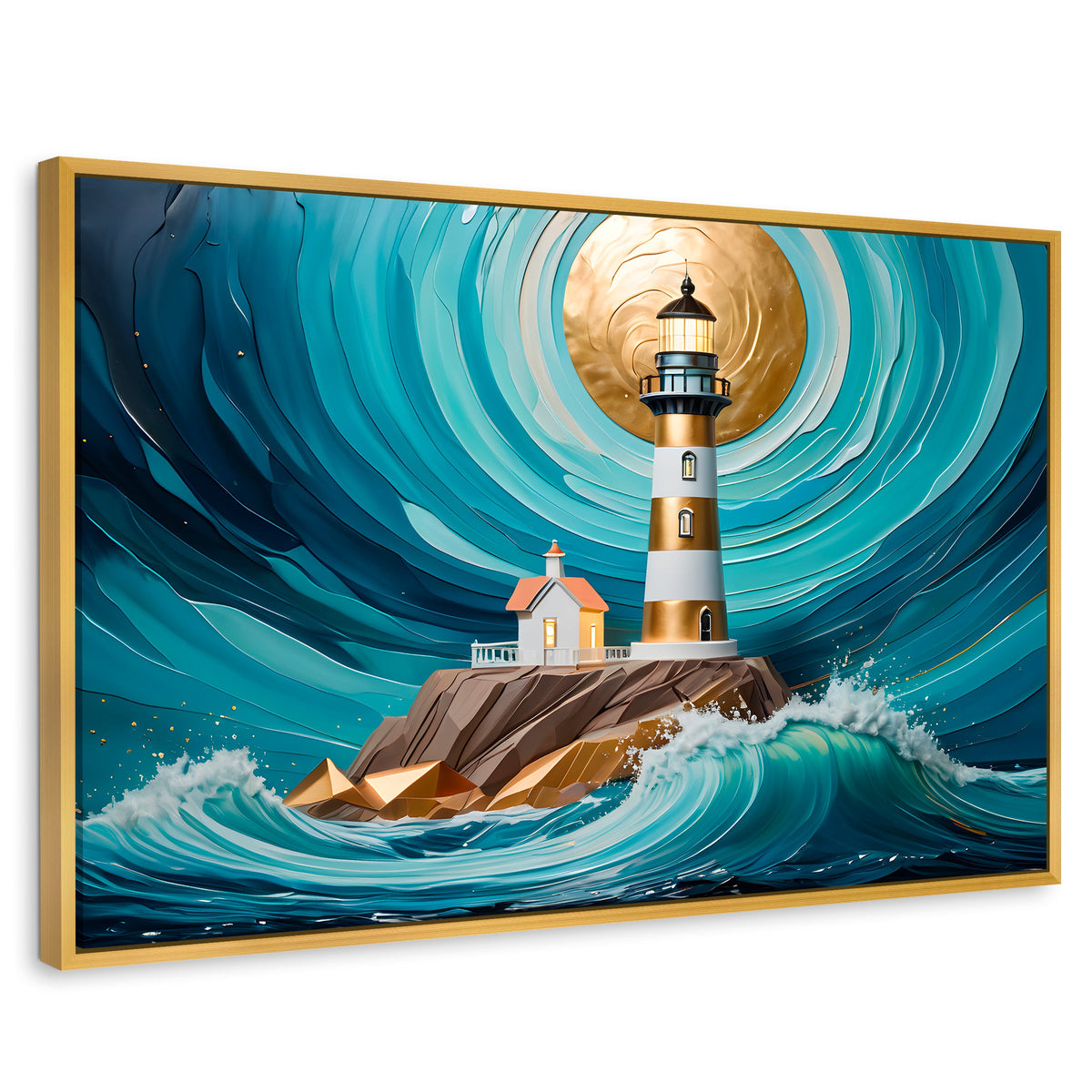 Cuadros Decorativos Canvas Revolution | Faro Del Mar Azul | Rectangular | Portada | Marco Dorado