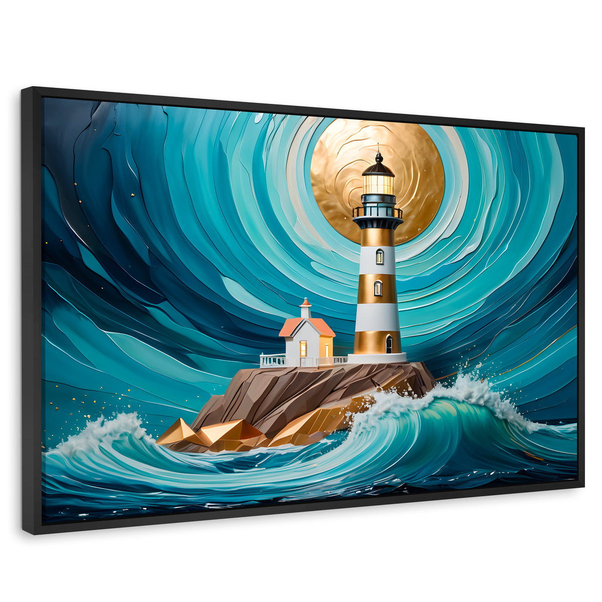 Cuadros Decorativos Canvas Revolution | Faro Del Mar Azul | Rectangular | Portada | Marco Negro