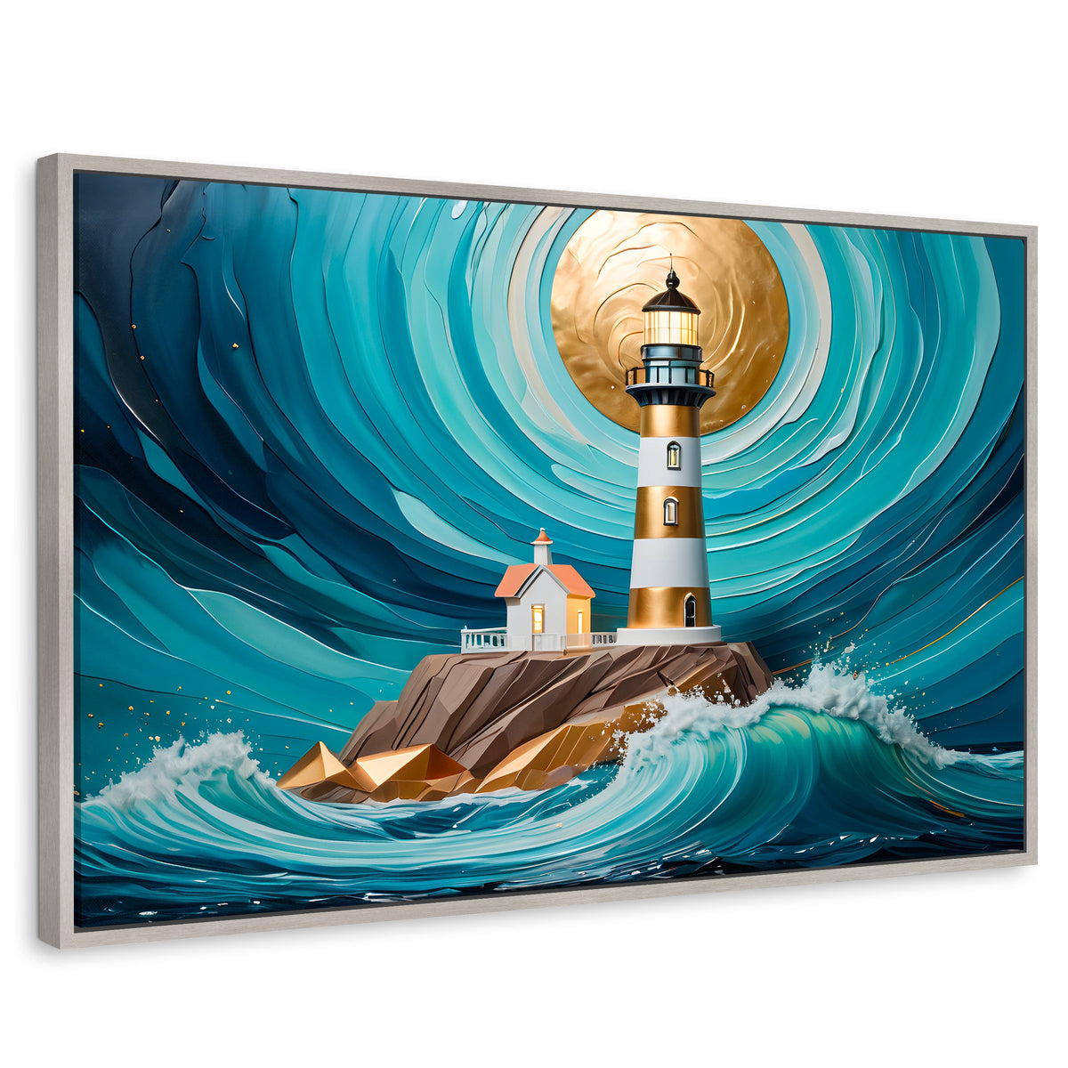 Cuadros Decorativos Canvas Revolution | Faro Del Mar Azul | Rectangular | Portada | Marco Plateado