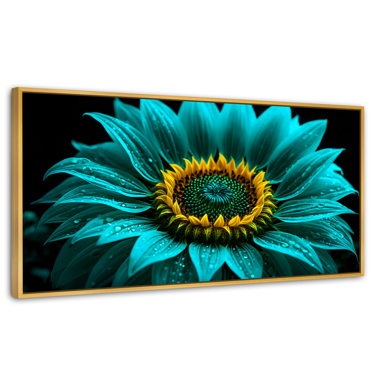Cuadros Decorativos Canvas Revolution | Girasol Acuamarina | Panoramico | Portada | Marco Dorado