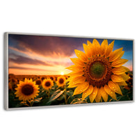 Cuadros Decorativos Canvas Revolution | Girasol Atardecer | Panoramico | Portada | Marco Plateado