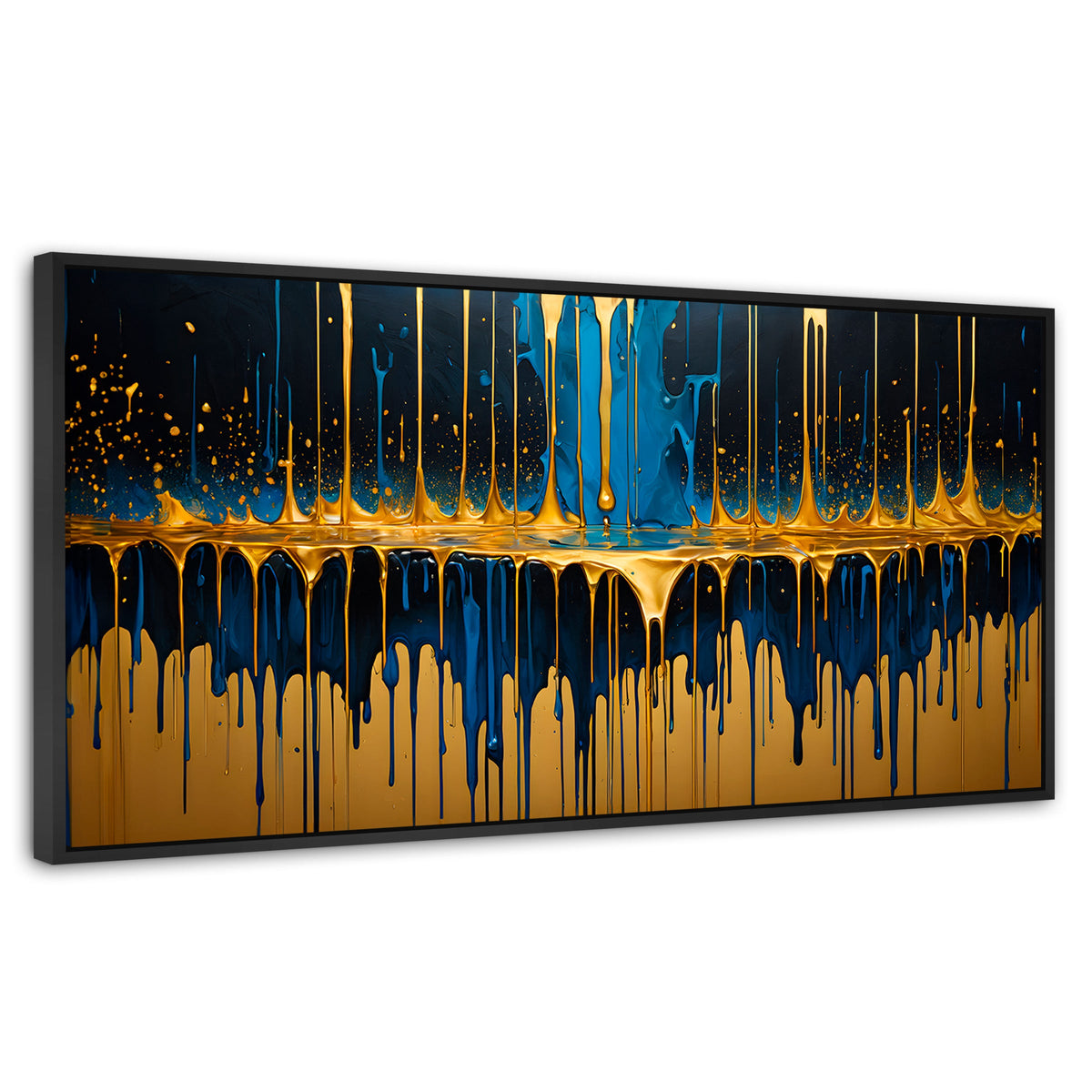 Cuadros Decorativos Canvas Revolution | Gotas Azul Doradas | Panoramico | Portada | Marco Plateado