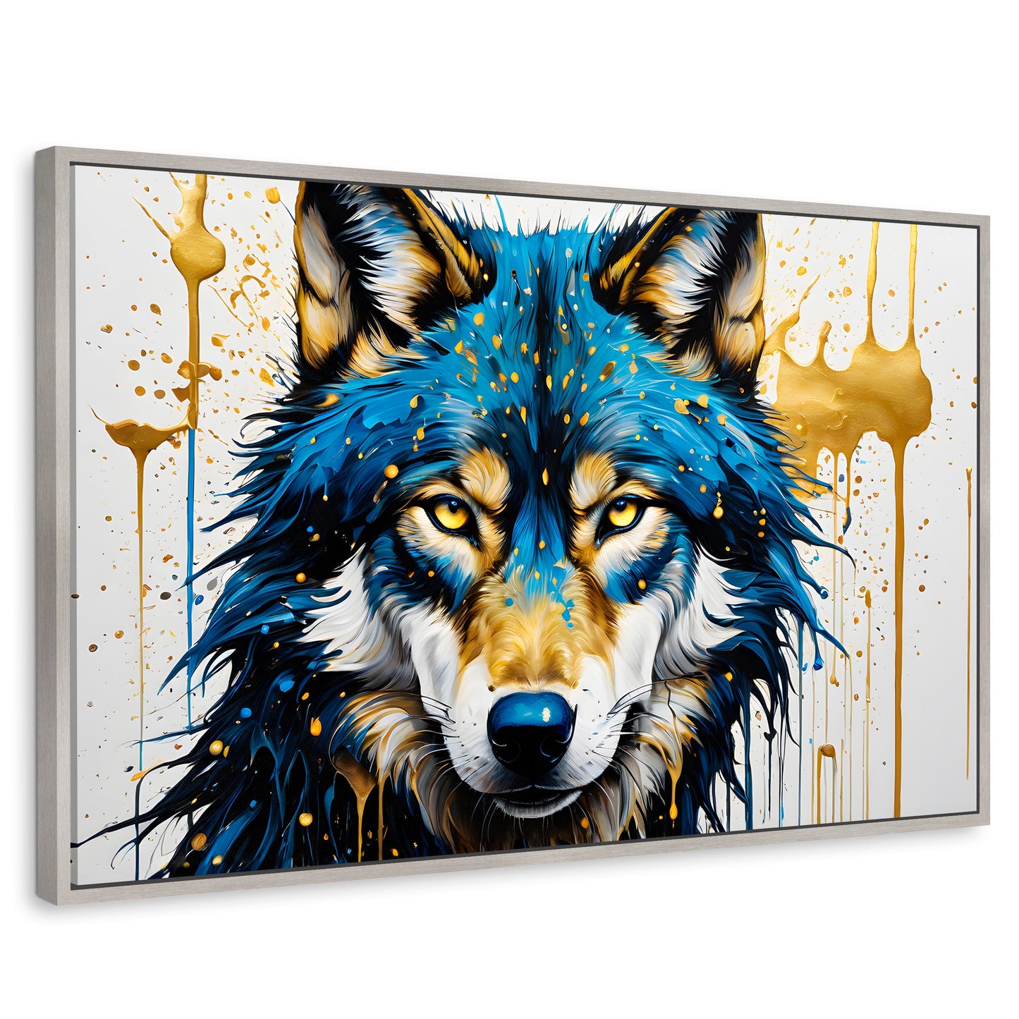 Cuadros Decorativos Canvas Revolution | Lobo Azul Dorado | Rectangular | Portada | Marco Plateado