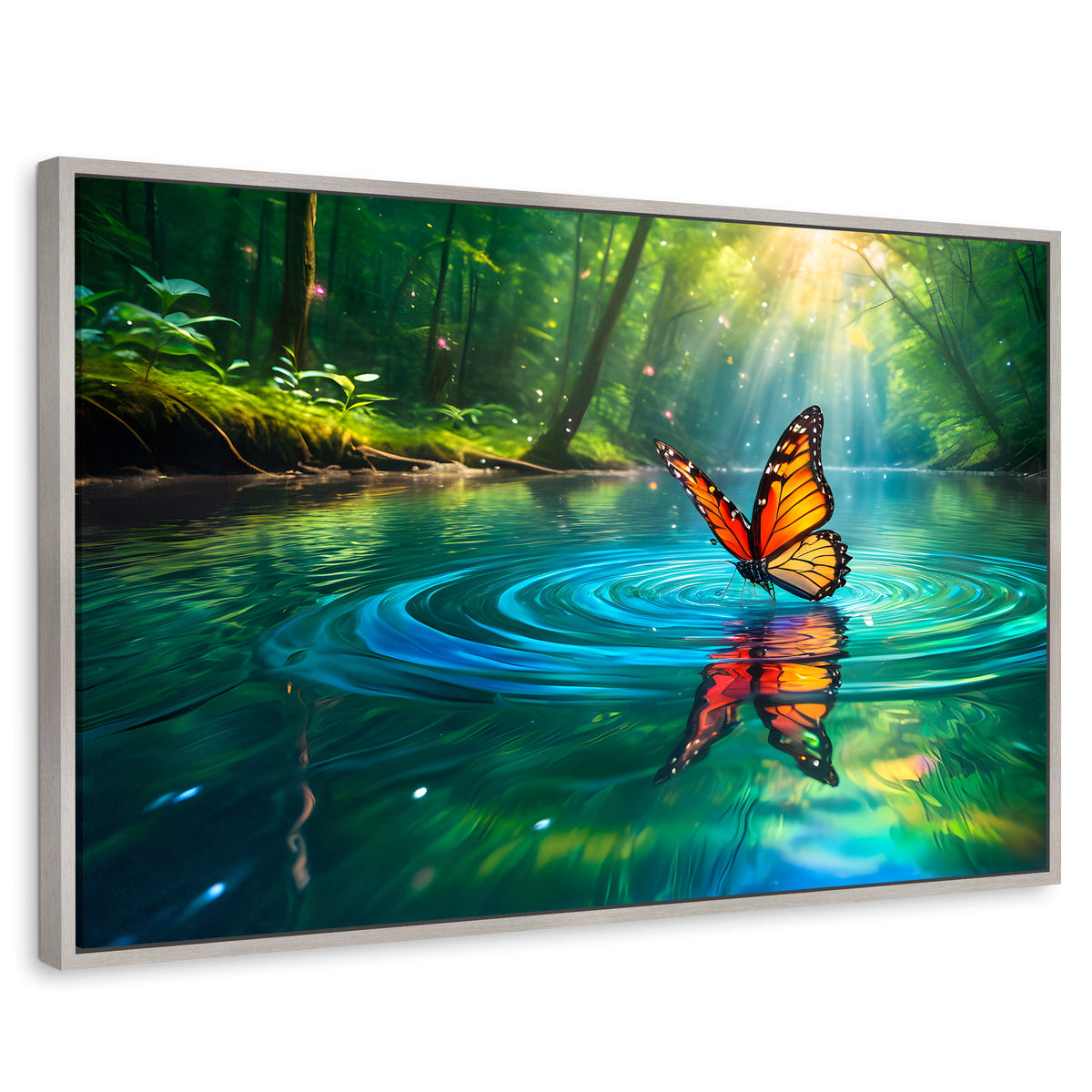 Cuadros Decorativos Canvas Revolution | Mariposa Y Agua | Rectangular | Portada | Marco Plateado