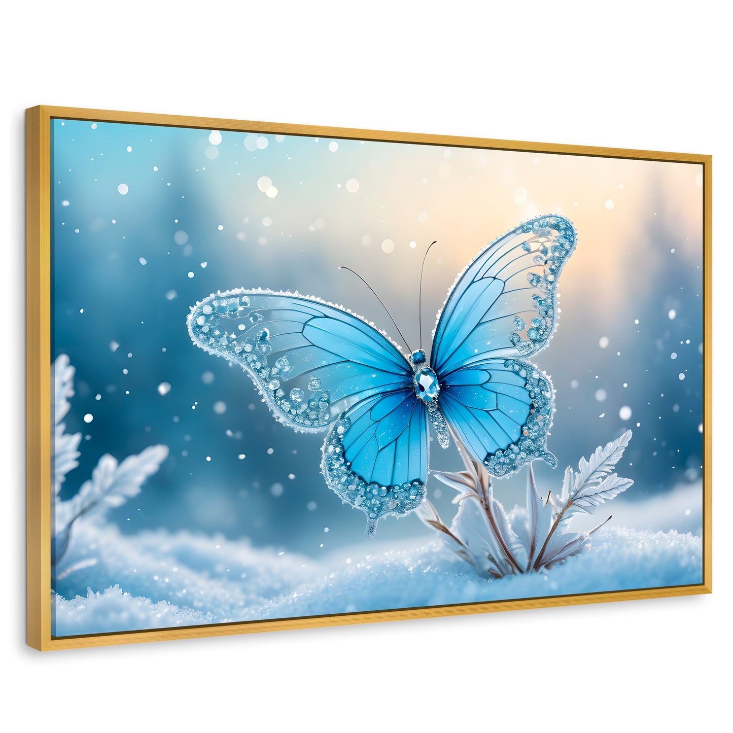 Cuadros Decorativos Canvas Revolution | Mariposa Y Nieve | Rectangular | Portada | Marco Dorado