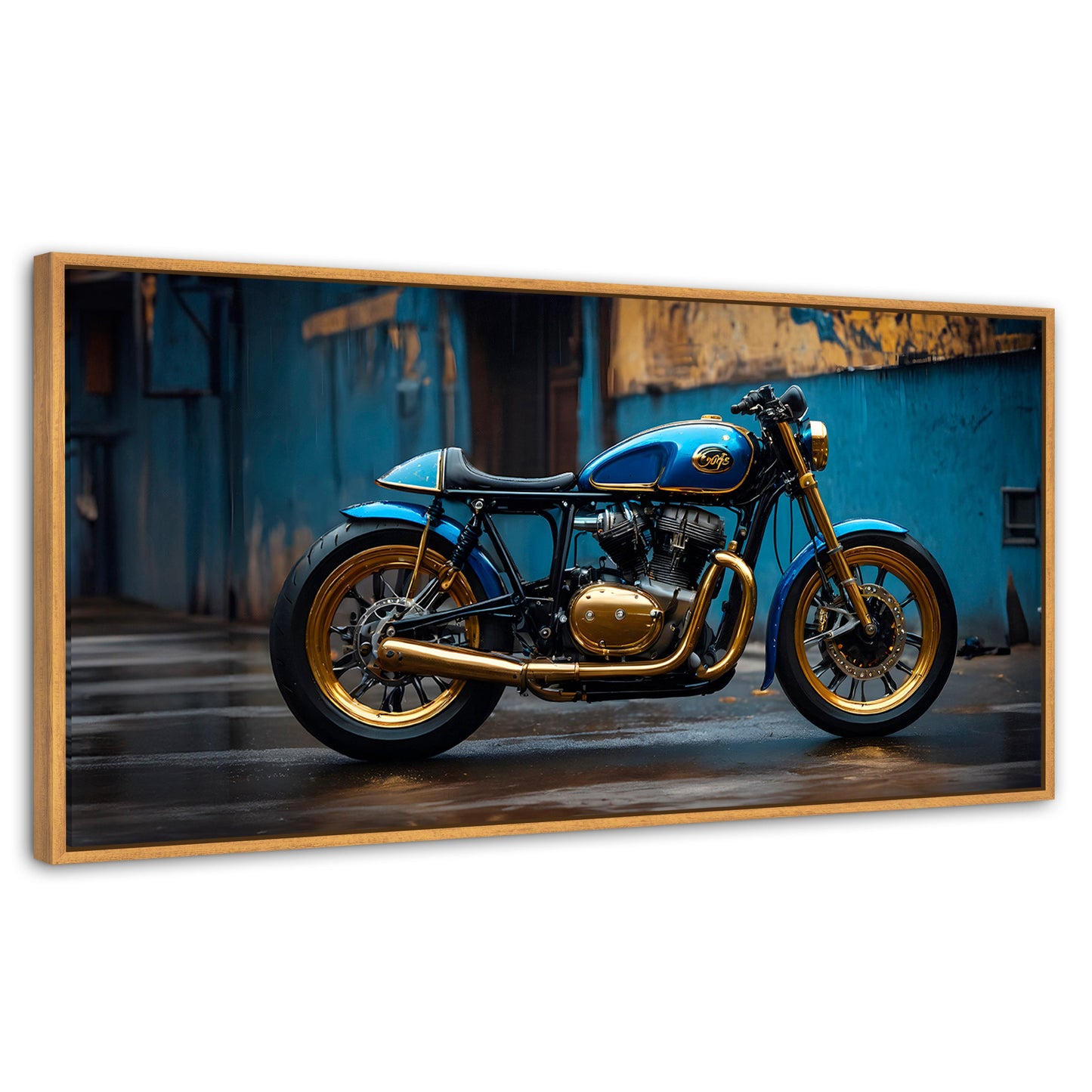 Cuadros Decorativos Canvas Revolution | Motocicleta Azul | Panoramico | Portada | Marco Negro