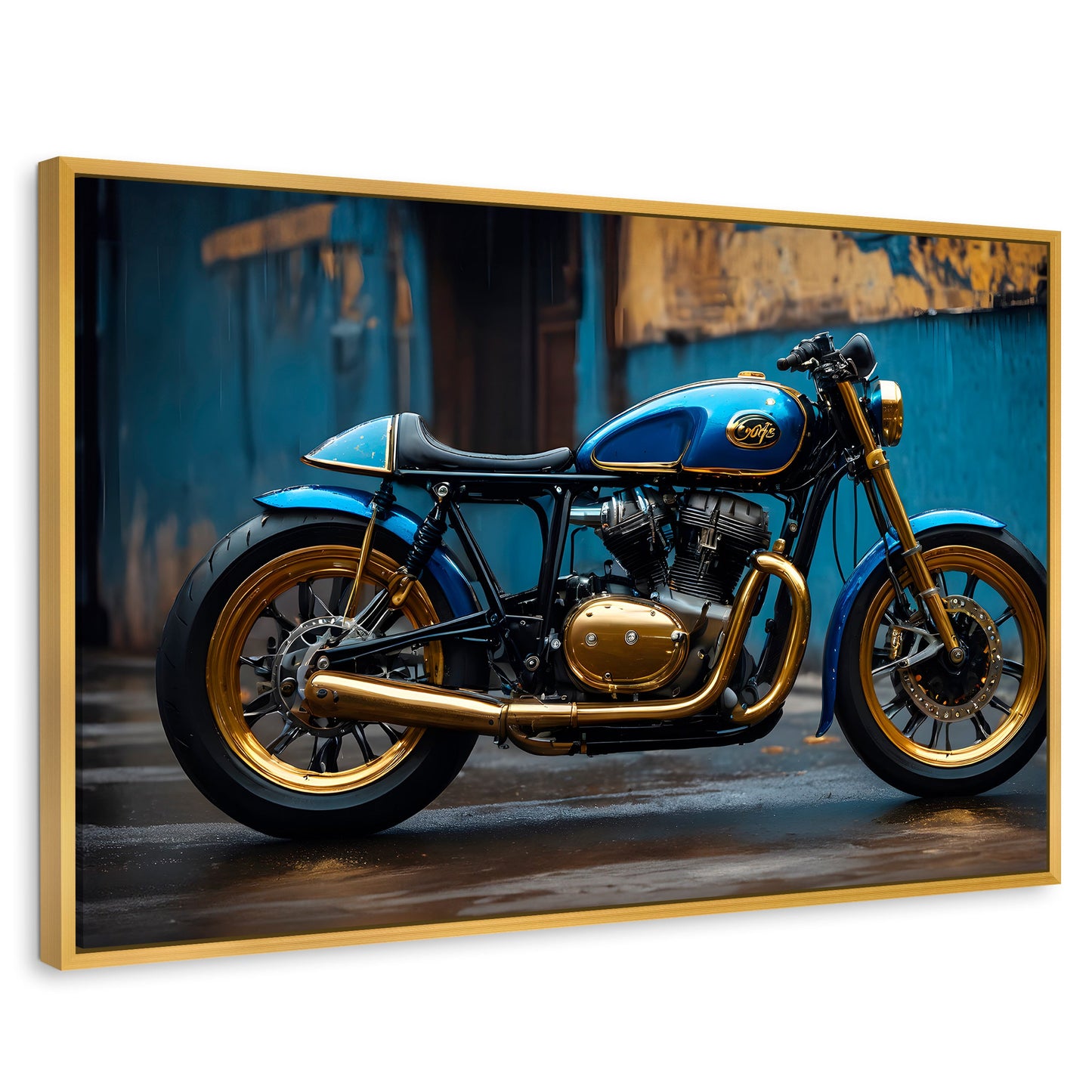 Cuadros Decorativos Canvas Revolution | Motocicleta Azul | Rectangular | Portada | Marco Dorado