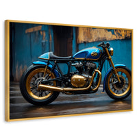 Cuadros Decorativos Canvas Revolution | Motocicleta Azul | Rectangular | Portada | Marco Dorado