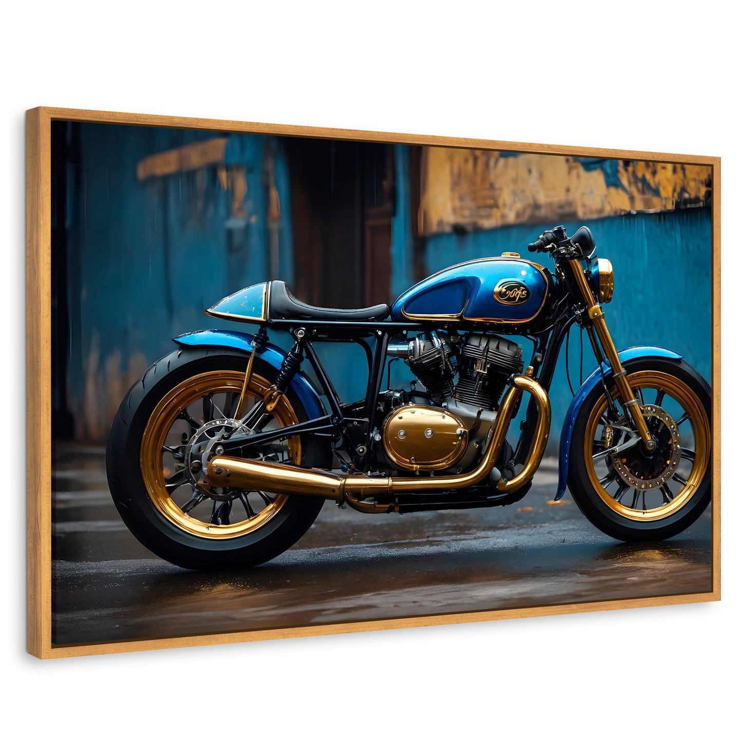 Cuadros Decorativos Canvas Revolution | Motocicleta Azul | Rectangular | Portada | Marco Madera