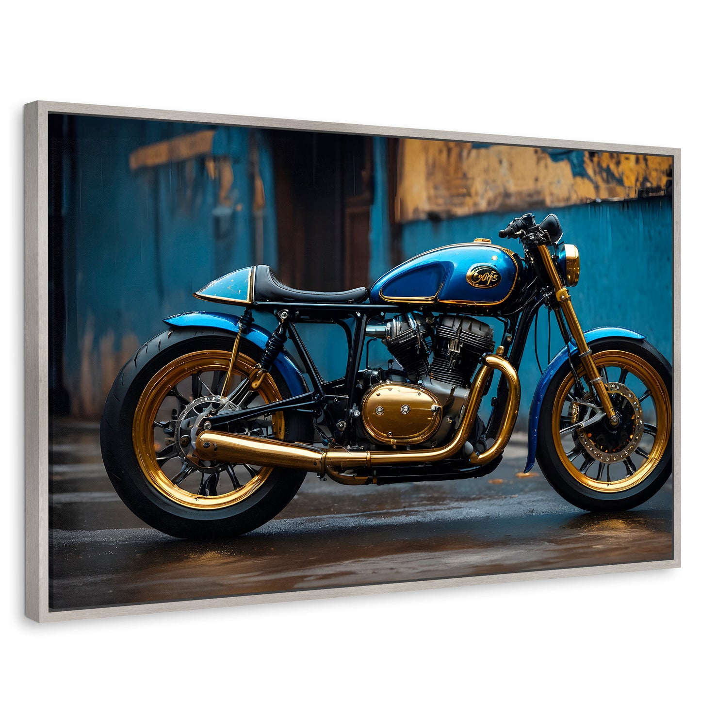 Cuadros Decorativos Canvas Revolution | Motocicleta Azul | Rectangular | Portada | Marco Plateado