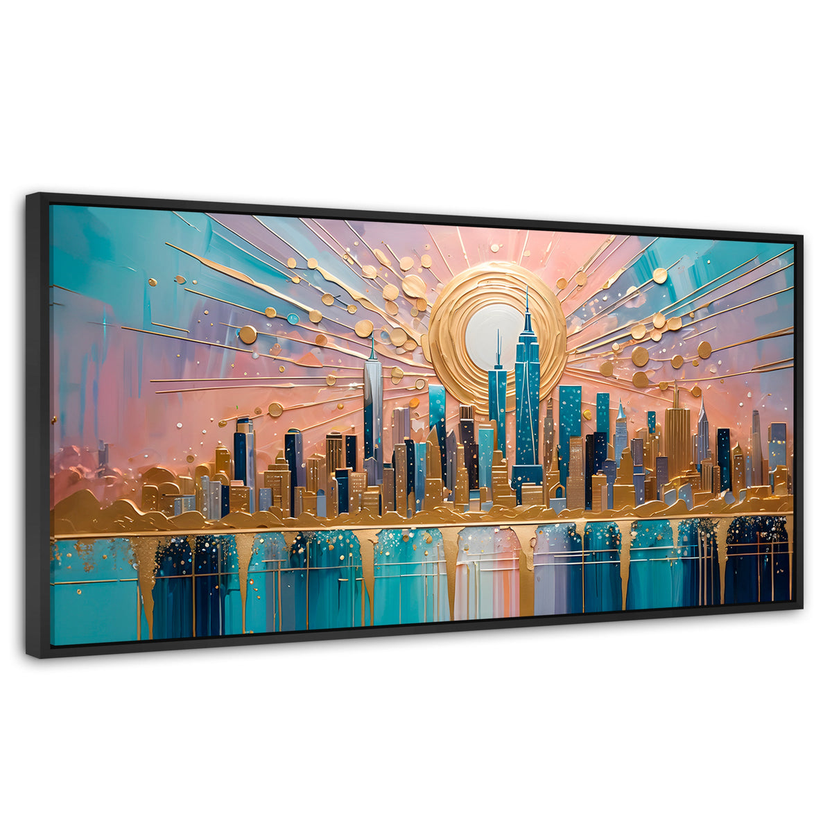Cuadros Decorativos Canvas Revolution | Nueva York Dorada | Panoramico | Portada | Marco Plateado