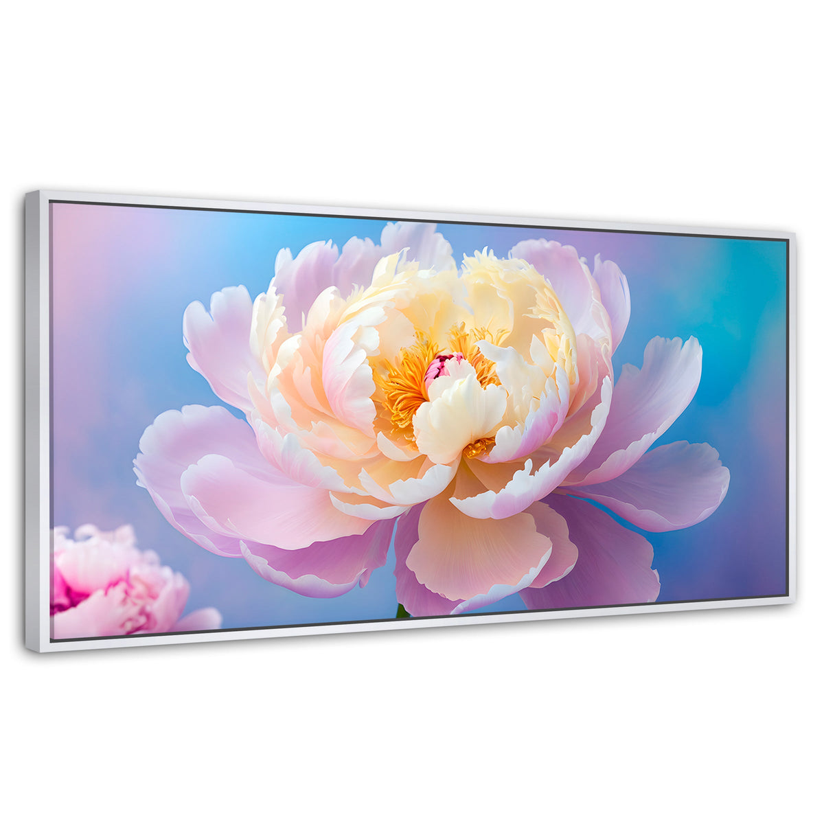 Cuadros Decorativos Canvas Revolution | Peonia Luz Eterna | Panoramico | Portada | Marco Blanco
