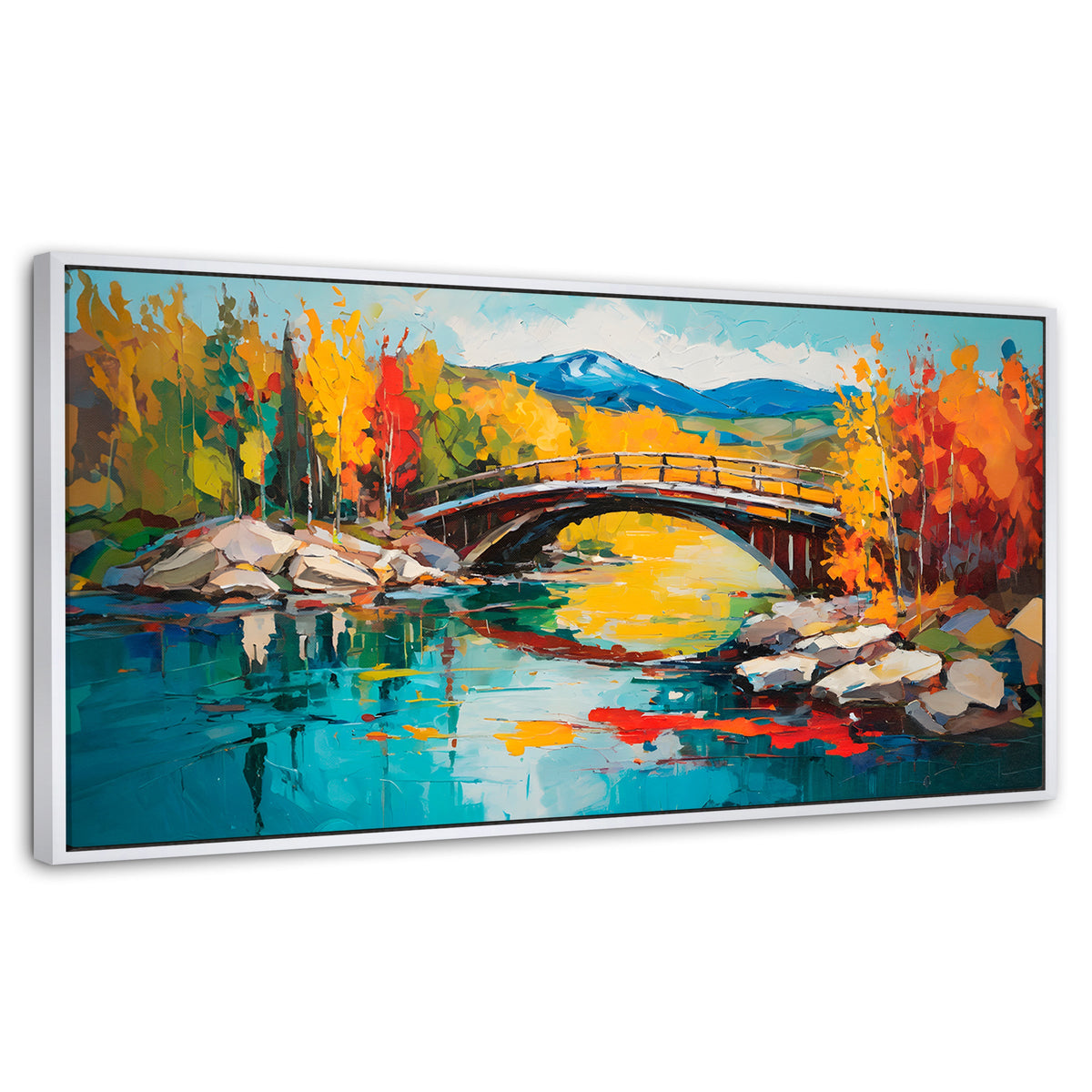 Cuadros Decorativos Canvas Revolution | Puente Otonal Aureo | Panoramico | Portada | Marco Blanco