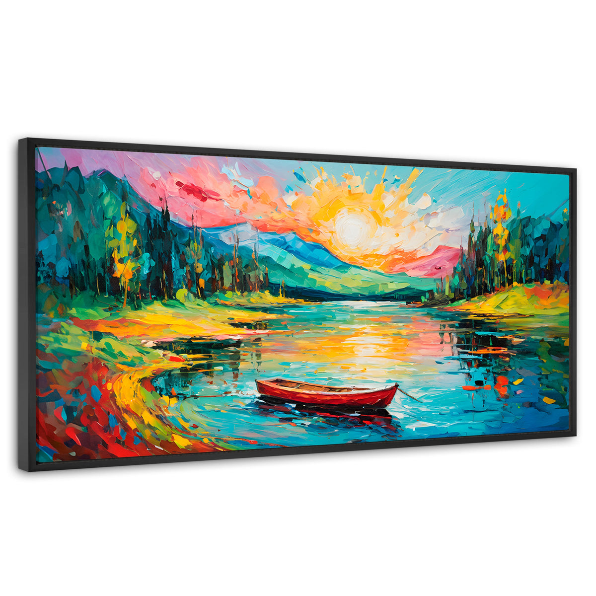 Cuadros Decorativos Canvas Revolution | Reflejos Bote Lago | Panoramico | Portada | Marco Negro