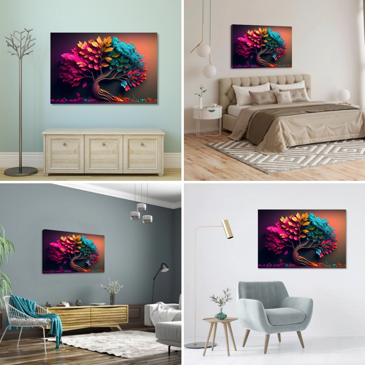 Cuadro decorativo de un árbol con follaje colorido y vibrante, ideal para dar vida a la sala o el comedor