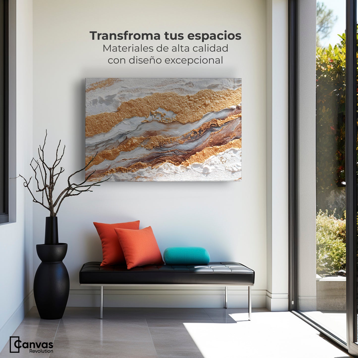 Cuadro Decorativo Abstracto Oro y Beige - Montaje 1