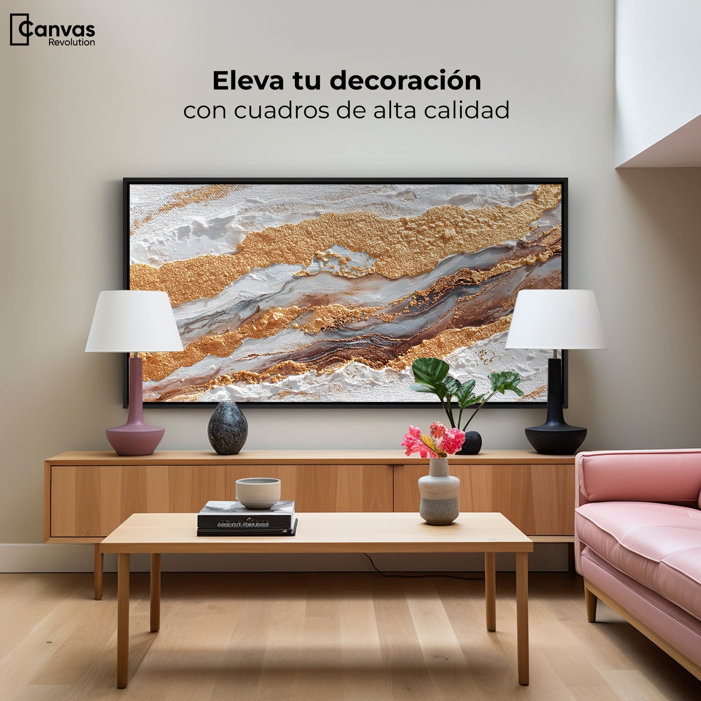 Cuadro Decorativo Abstracto Oro y Beige - Montaje 2