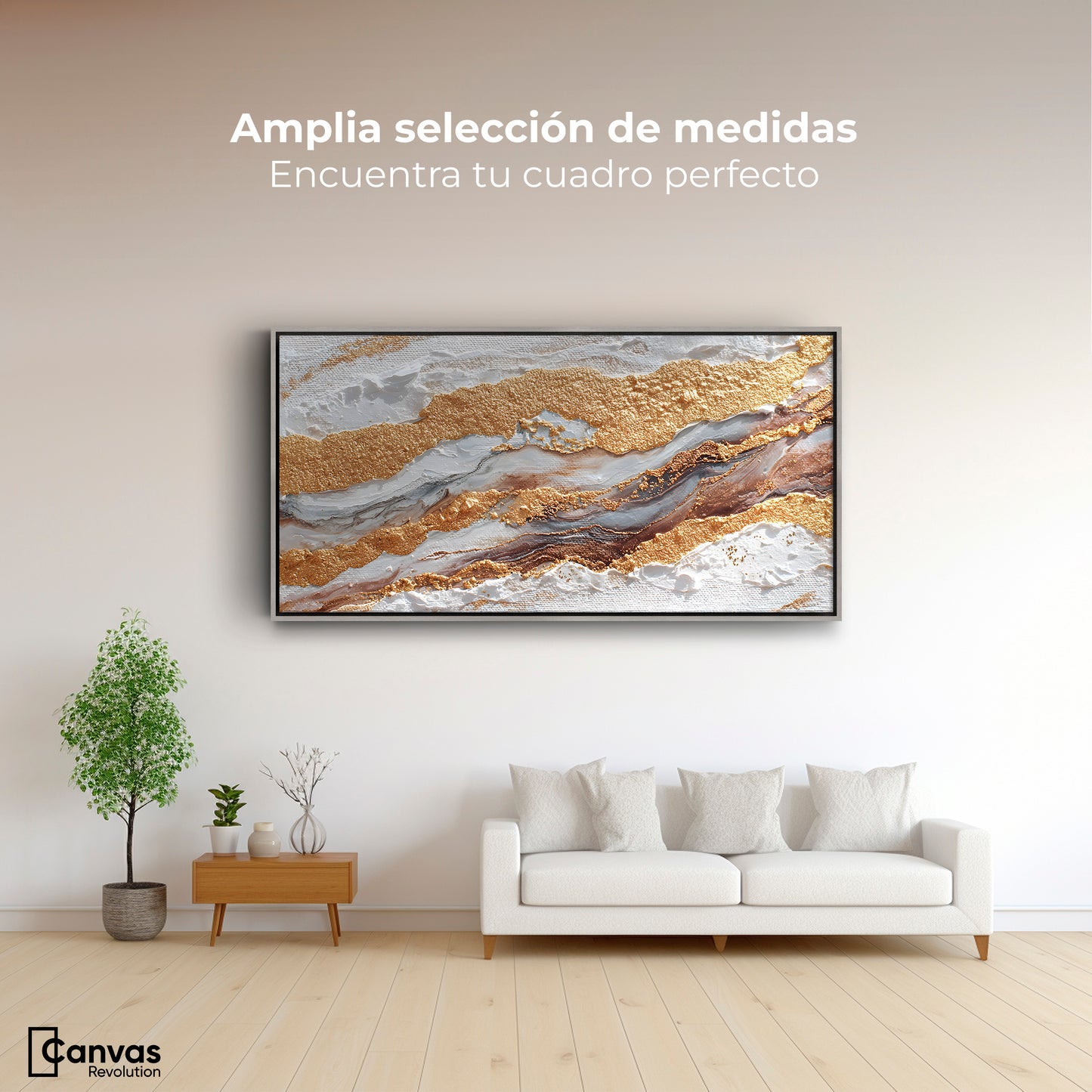 Cuadro Decorativo Abstracto Oro y Beige - Montaje 3