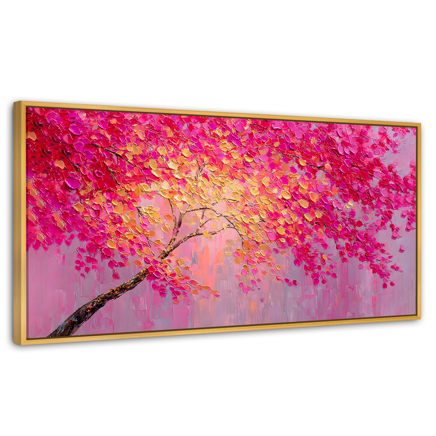 Cuadros Decorativos Canvas Revolution | Cuadro Decorativo Ramas Rosadas Arbol | Panorámico | Marco Dorado