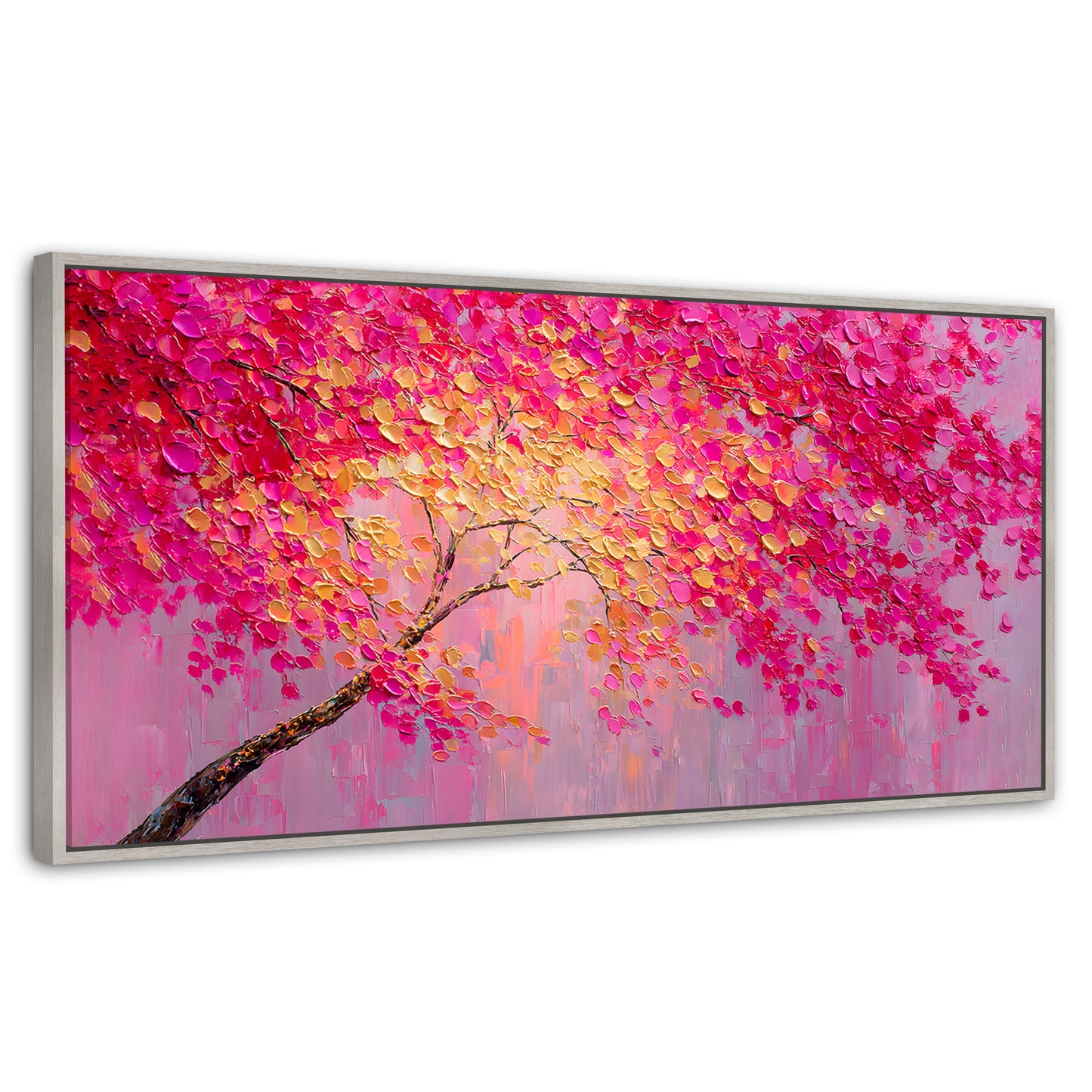 Cuadros Decorativos Canvas Revolution | Cuadro Decorativo Ramas Rosadas Arbol | Panorámico | Marco Plateado