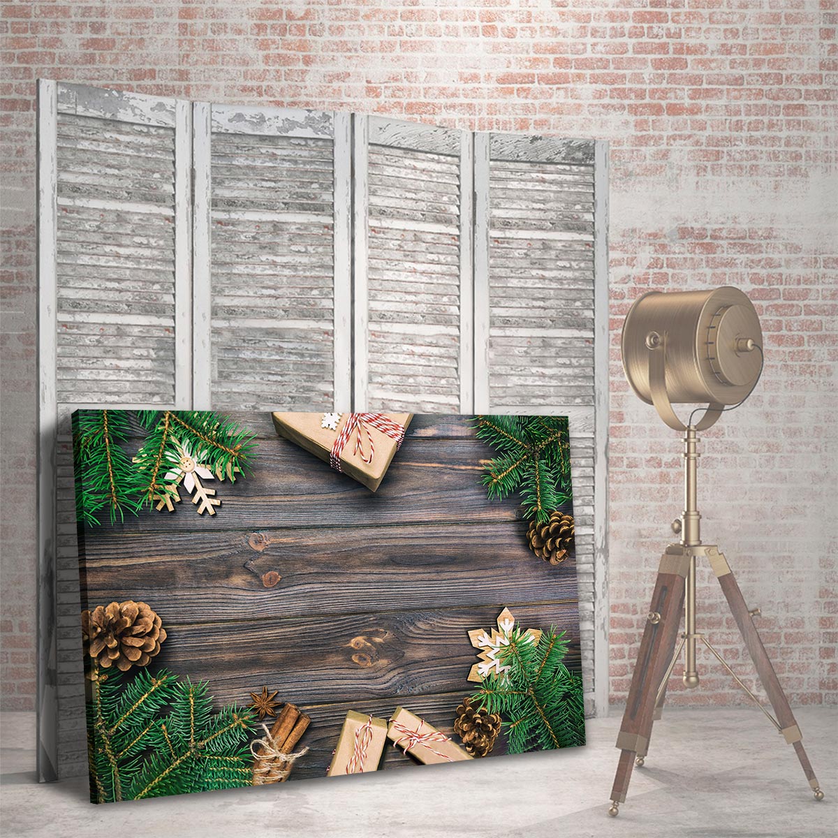 Navidad Regalos y pino sobre madera