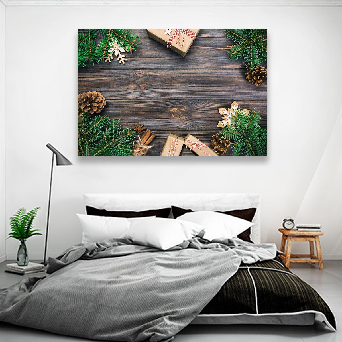 Navidad Regalos y pino sobre madera